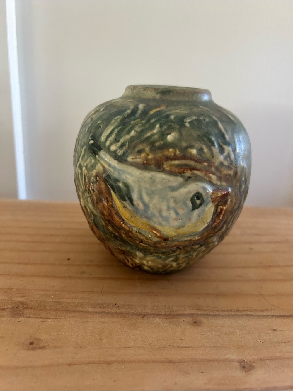 Antique Arts & Crafts WELLER Art Pottery GLENDALE Vase Planter Bluebird In Nest